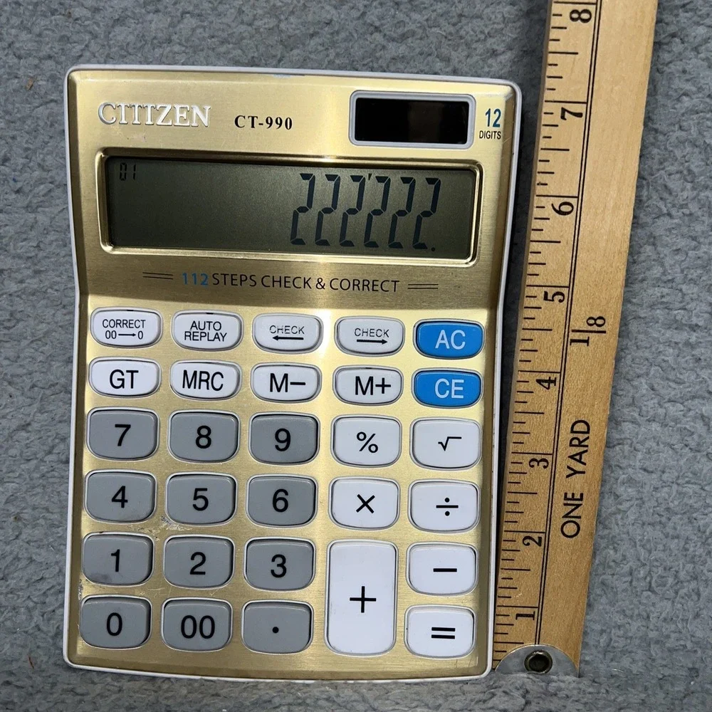 VTG Citizen CT-990 Desktop Calculator Gold 12 Digits Check Correct Solar Battery